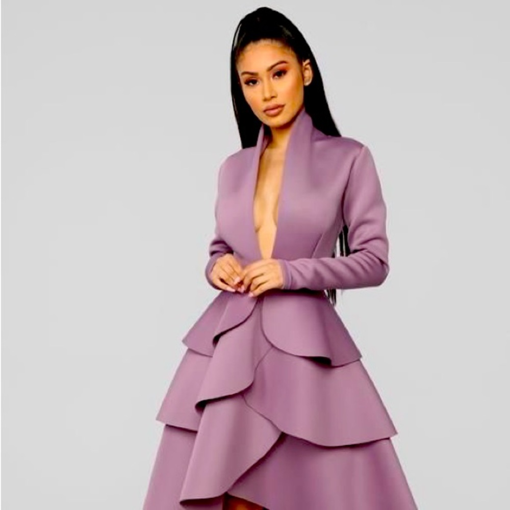 Lilac purple Flounce V Neck Dress – Casual Solid Color for Women